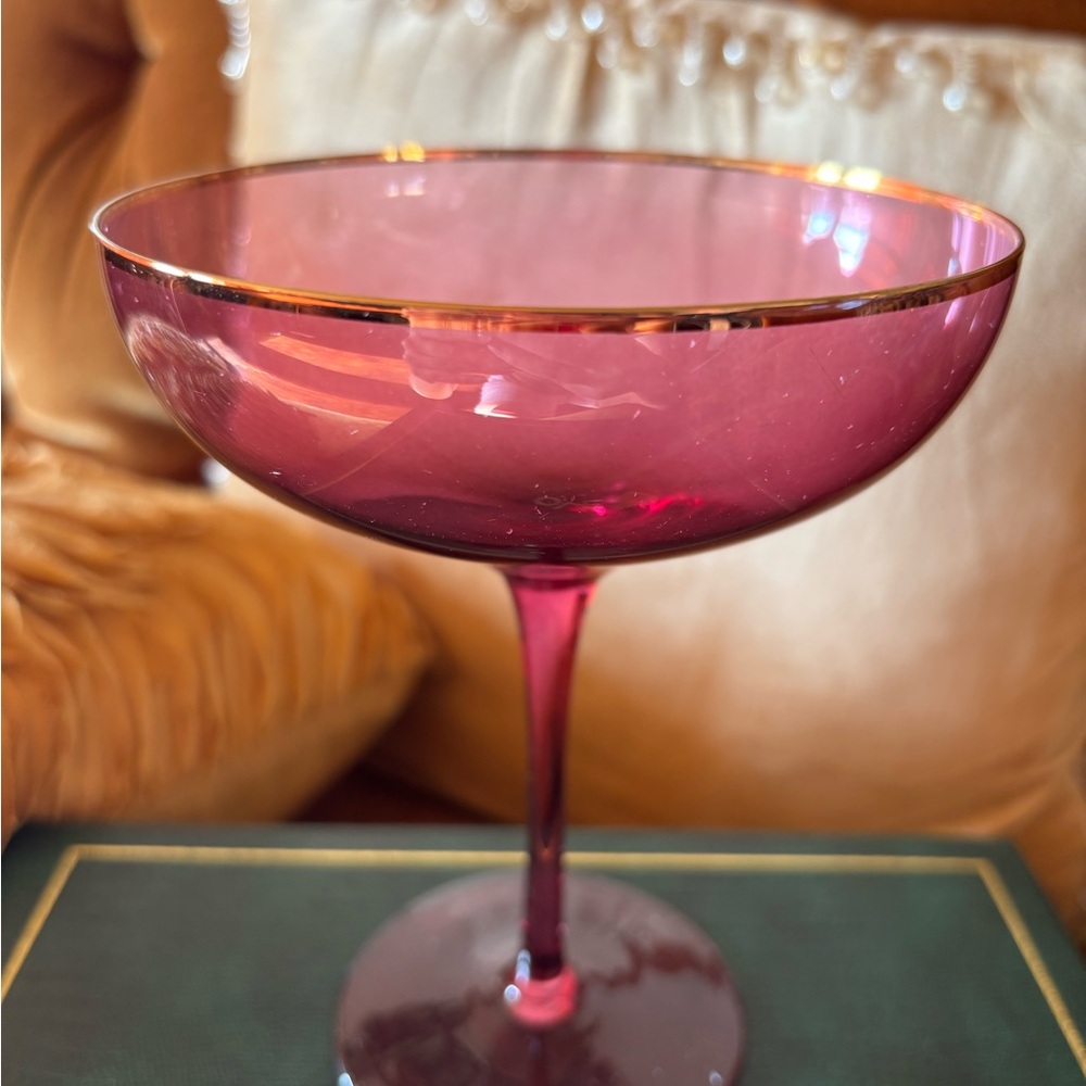 Elegant Pink Glass Coupe with Gold Rim
